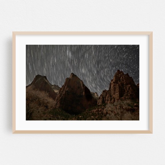 Zion Star Trails - Photography Night Sky Stars Landscape Mountain Astronomy Space Scenic Oak Framed Wall Art Print 20 x 30 inches