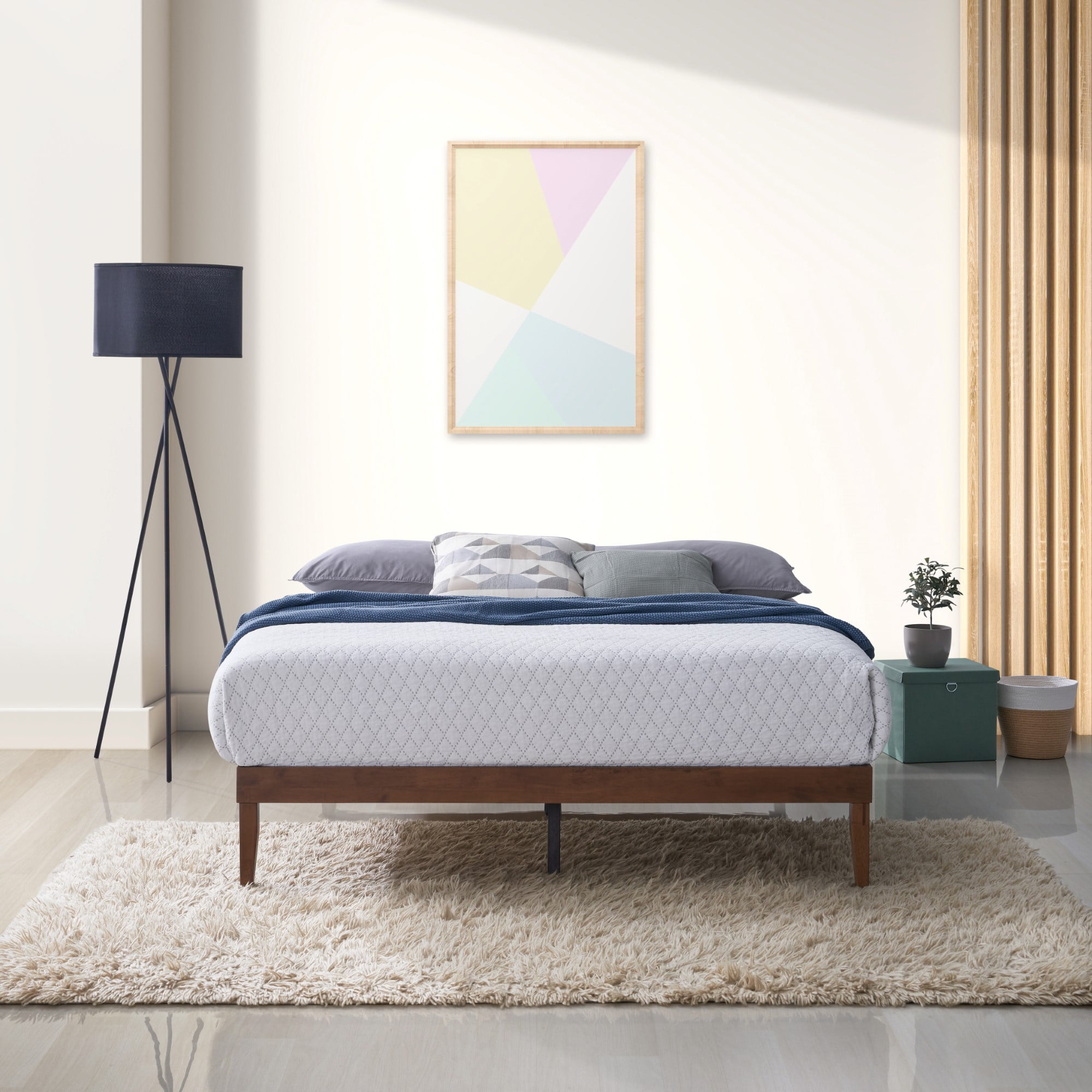Home Design Zion Twin Solid Wood Platform Bed Frame with Slatted Wood Kit and Center Support, Brown, Easy Assembly