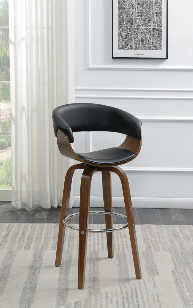 Walnut and Black Adjustable Swivel Bar Stool with Leather Upholstery