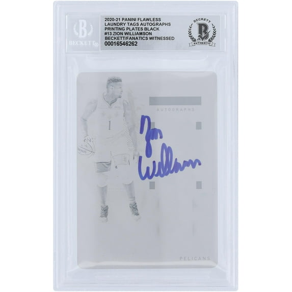 Zion Williamson New Orleans Pelicans Autographed 2020-21 Panini Flawless Laundry Tags Autorgraphs Black Printing Plate #13 #1/1 Beckett Fanatics Witnessed Authenticated 10 Card - Fanatics Authentic