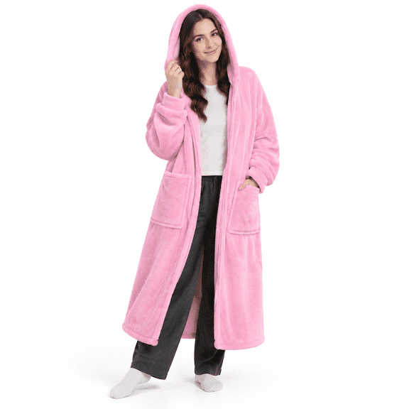 Zip Bright Pink Adult Wearable Flannel Hooded Blanket with Zipper and Pockets