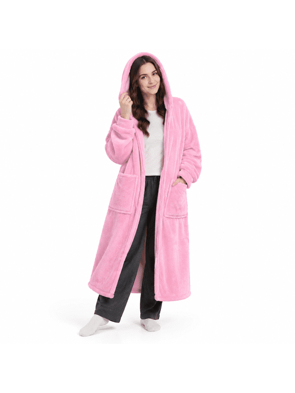 Zip Bright Pink Adult Wearable Flannel Hooded Blanket with Zipper and Pockets