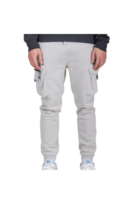Men's Zip Cargo Pocket Fleece Sweatpants, Carpenter Style, Elastic Waist, Sand, Medium