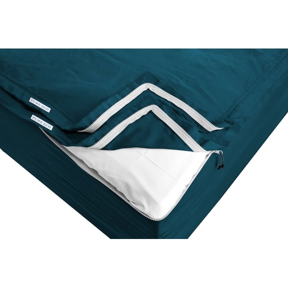 Zip On Fitted Sheet Full Size(54X75) - Includes 1 Fitted Base + 2 Zip Sheet - Easy to Change, Won’t Pop Off Twin Sheet - Soft 600 TC Cotton Fitted Sheet- Upto 16” Deep Pocket Teal Color