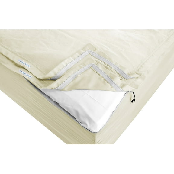 Zip On Fitted Sheet Full XL Size(54X80) - Includes 1 Fitted Base + 2 Zip Sheet - Easy to Change, Won’t Pop Off Twin Sheet - Soft 600 TC Cotton Fitted Sheet- Upto 16” Deep Pocket Ivory Color