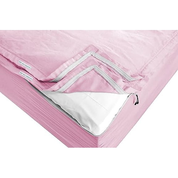 Zip On Fitted Sheet - Includes 2 Zip-On Sheets & 1 Fitted Sheet Base - Upto 16 Inch Deep Pockets Twin Size Zipper Fitted Sheets - Luxury Soft Cotton 600 TC Fitted Sheet - Baby Pink$$Bedding