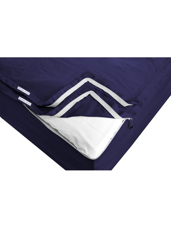 Zip On Fitted Sheet King Size(78X80) - Includes 1 Fitted Base + 2 Zip Sheet - Easy to Change, Won’t Pop Off Twin Sheet - Soft 600 TC Cotton Fitted Sheet- Upto 16” Deep Pocket Navy Blue Color