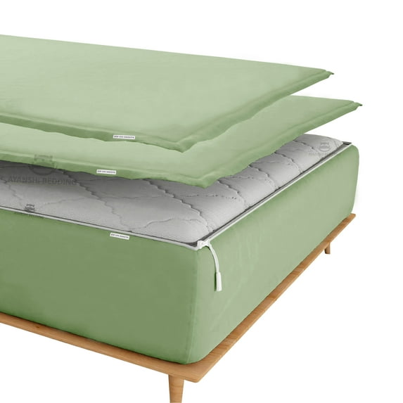 Zip On Fitted SheetS Queen Size(60X80) - Includes 1 Bottom Fitted Base + 2 Zip Sheets - Fit's 10” In Deep Pocket - Zip Sheets Easy to Change - 600 TC Cotton Fitted Sheet - Sage Green Color