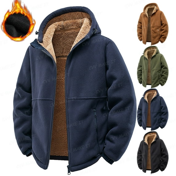 Zip Up Fleece-Lined Hoodies for Men Windproof Full Zip Up Sherpa Jacket Warm Thermal Winter Comfy Long Sleeve Hoodies Pullover with Multi Pockets Thick Trucker Heavyweight Shirts with Hooed,Blue XL
