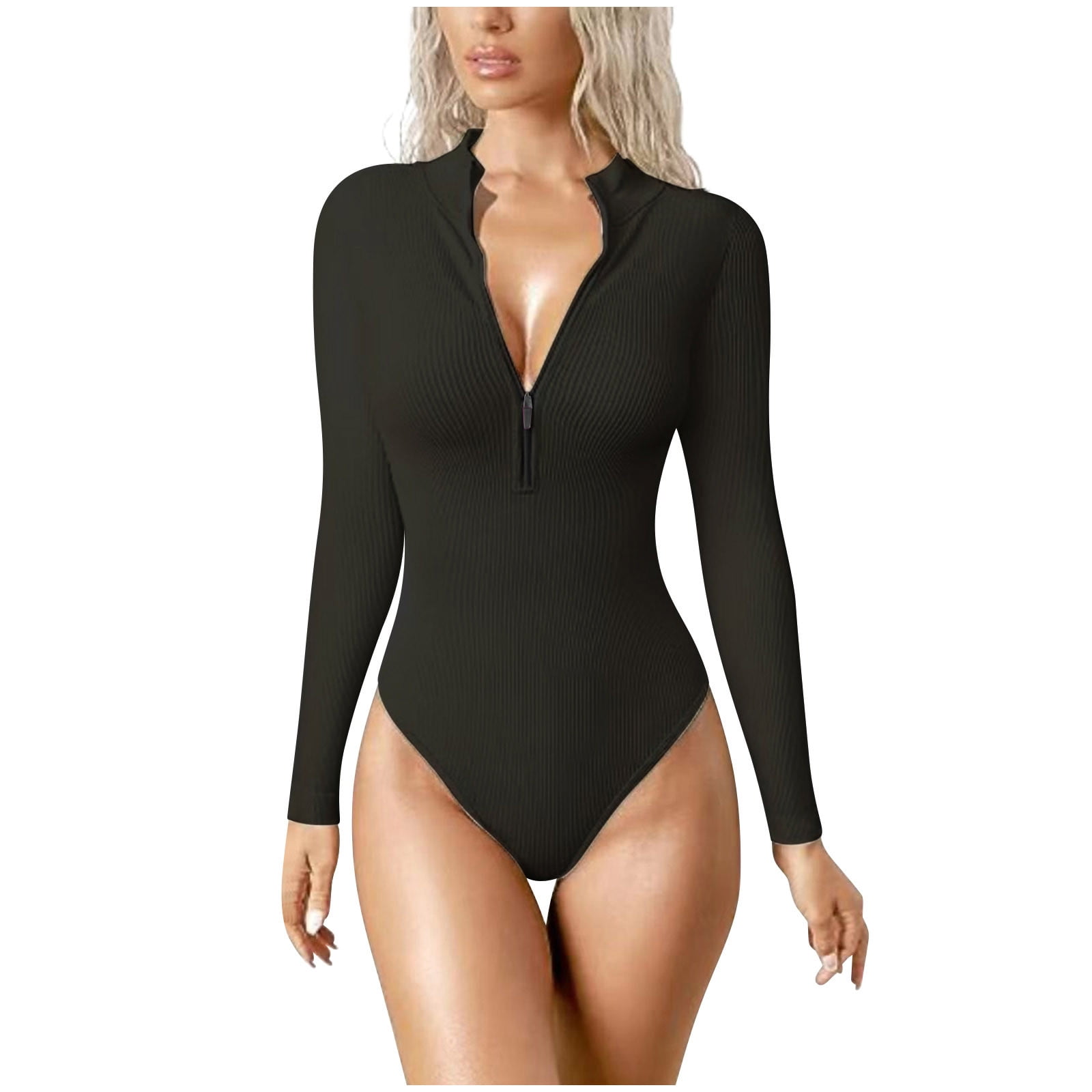 Zip Front Bodysuits For Women Long Sleeve Body Suit Top Mock
