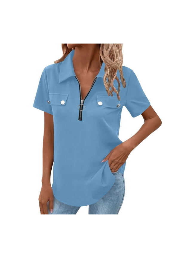 Zip-Front Collared Shirt for Women, Short Sleeve Solid Color Top with Chest Pocket Detail