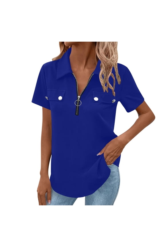 Zip-Front Collared Shirt for Women, Short Sleeve Solid Color Top with Chest Pocket Detail