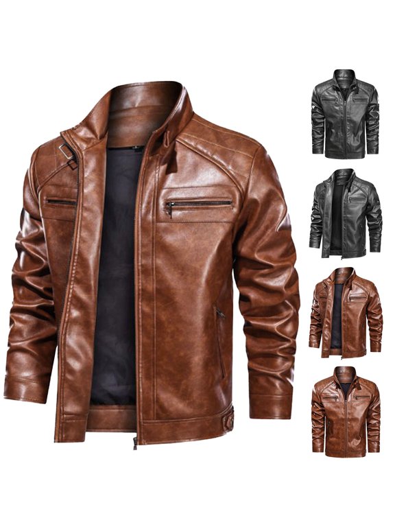 Zip Front Faux Leather Moto Jackets for Men Stand Collar Full-Zip Long Sleeve Outerwear Vintage Biker Casual Coat