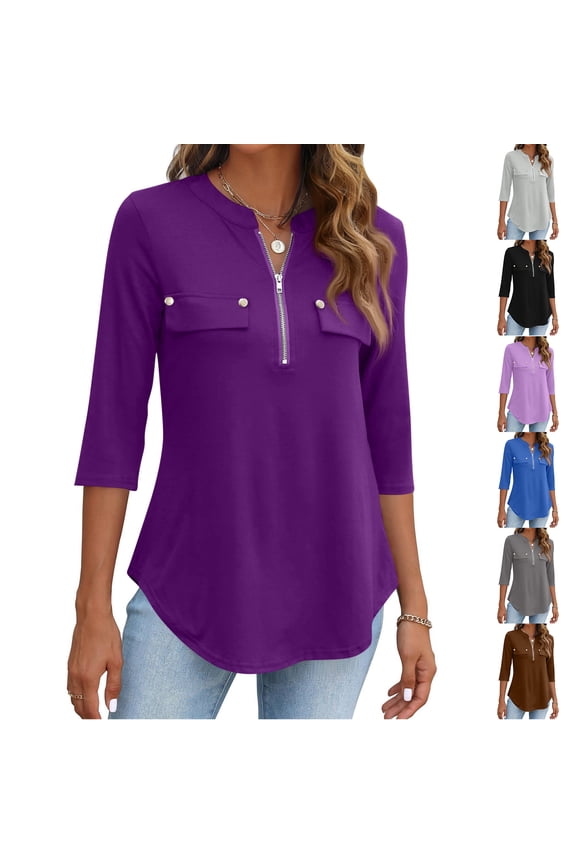 Zip Front Stand Collar Tunic Top for Women, 3/4 Sleeve Blouse with Faux Pockets & Curved Hem - Casual Loose Fit Summer Shirt Light Purple XXL