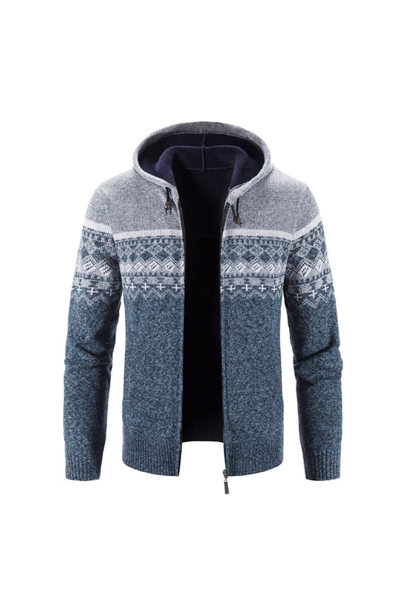 Zip Up Hoodie for Men Fall Winter Cardigan Sweaters Hooded Thick Knitted Full Zip Jacket with Fair Isle Pattern Men's Fashion Hoodies Sweatshirts