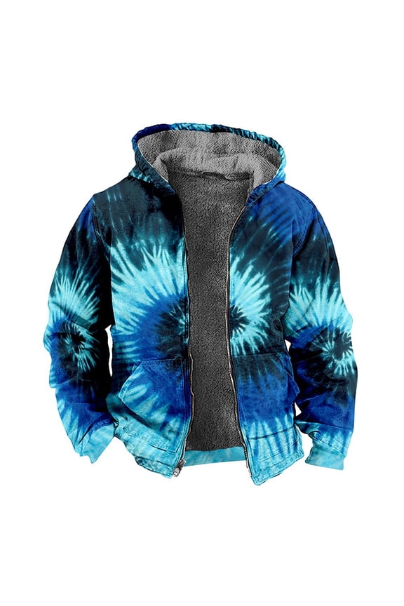 Mens Hoodies Tie Dye Lined Full Zip Heavyweight Hooded Sweatshirt Thick Warm Jacket Coat Fall Winter Blue XXXXL