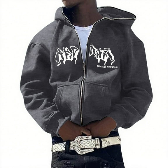 Zip Hoodie Men Versatile Letter Print Long Sleeve Hoodies Streetwear Hooded Jacket Fall Loose Graphic Hoodies for Men