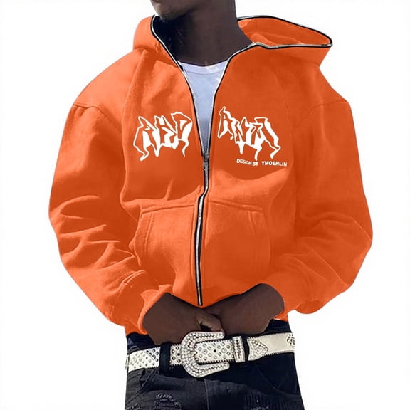 Zip Hoodie Men Versatile Letter Print Long Sleeve Hoodies Streetwear Hooded Jacket Fall Loose Graphic Hoodies