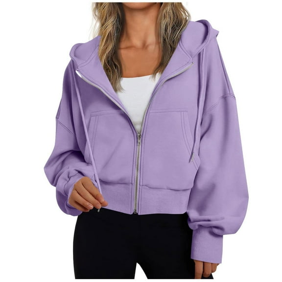 Zip Up Hoodie Women Cropped Plain Fleece Lined Sweatshirts Hooded Jackets Autumn/Winter Solid Color s Long Sleeve Tops Casual Sweater Lightweight Hoody with Pockets Size 8-16