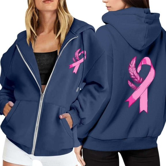 Zip Up Hoodie Women Minimalist Travel Hoodie Pullover Women's Zip Up Hoodie Pullover Cancer Awareness Month Long Sleeve Pocket Drawstring Casual Sweatshirt For Everyday Wear