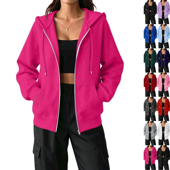 Zip Up Hoodie Women Oversized Lightweight Casual Fall Fleece Jackets Long Sleeve Drawstring Light Cute Baggy Full Zip Hooded Sweatshirt with Pockets Hot Pink L