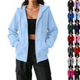 thumbnail image 1 of Zip Up Hoodie Women Oversized Lightweight Casual Fall Fleece Jackets Long Sleeve Drawstring Light Cute Baggy Full Zip Hooded Sweatshirt with Pockets Light Blue S, 1 of 7
