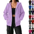 thumbnail image 1 of Zip Up Hoodie Women Oversized Lightweight Casual Fall Fleece Jackets Long Sleeve Drawstring Light Cute Baggy Full Zip Hooded Sweatshirt with Pockets Light Purple XL, 1 of 7