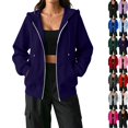 thumbnail image 1 of Zip Up Hoodie Women Oversized Lightweight Casual Fall Fleece Jackets Long Sleeve Drawstring Light Cute Baggy Full Zip Hooded Sweatshirt with Pockets Navy M, 1 of 7