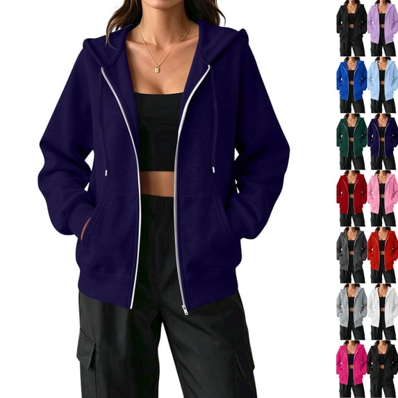 Zip Up Hoodie Women Oversized Lightweight Casual Fall Fleece Jackets Long Sleeve Drawstring Light Cute Baggy Full Zip Hooded Sweatshirt with Pockets Navy M