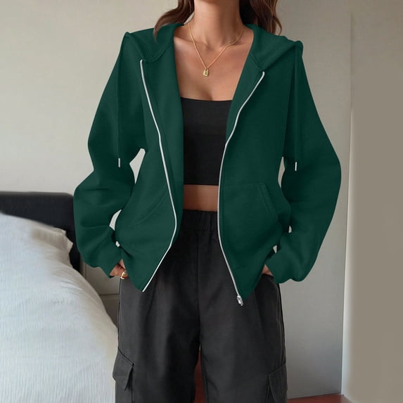 Zip Up Hoodie Women Oversized Lightweight Sweatshirts Plus Size, Plain, Long Sleeve, Drawstring, Full Zipper with Pockets, Casual Fashion Fall Winter Jackets Dark Green M