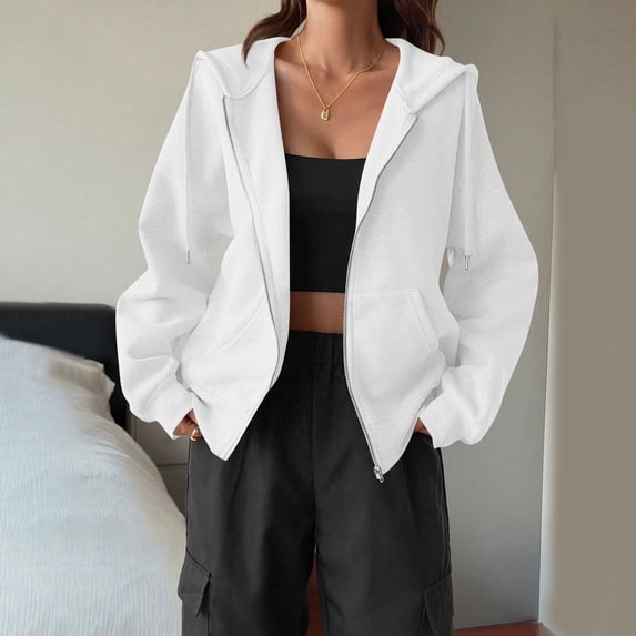Zip Up Hoodie Women Oversized Lightweight Sweatshirts Plus Size, Plain, Long Sleeve, Drawstring, Full Zipper with Pockets, Casual Fashion Fall Winter Jackets White 3XL