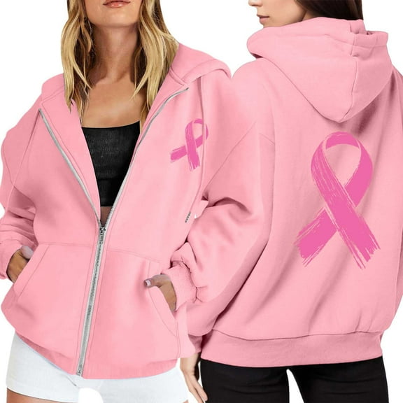 Zip Up Hoodie Women Sporty Jacket Pullover Workout Style Women's Zip Up Hoodie Pullover Cancer Awareness Month Long Sleeve Pocket Drawstring Casual Sweatshirt For Everyday Wear