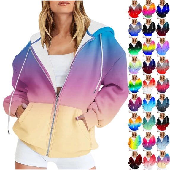 Zip Up Hoodie Women, Women's Ombre Zip Up Hoodie Long Sleeve Gradient Color Athletic Jacket with Drawstring and Pockets Casual Lightweight Hooded Sweatshirt Outerwear