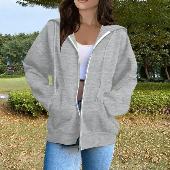 Zip Up Hoodie Women,Women's Oversized Hooded Jacket - Multi - Color Loose - Fit Zip - Up Hoodie for Casual Fashion, Versatile All - Season Outerwear Light Gray M