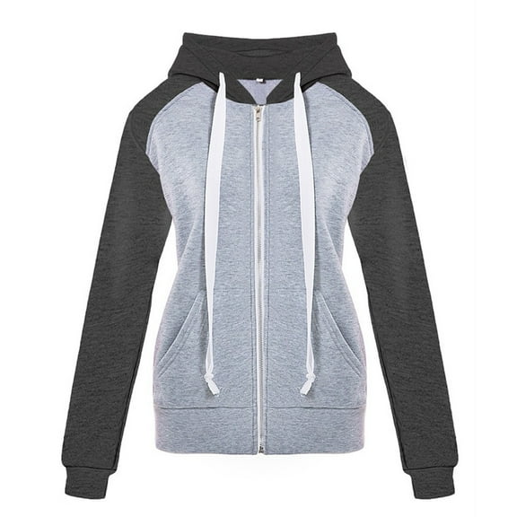 Zip Up Hoodie Womens Lightweight Fall Hooded Sweatshirt Fashion Casual Womens Hoodies with Pockets Color Block Full Zip Hoody Jackets Zipped Sweater Cardigan Outerwear black L