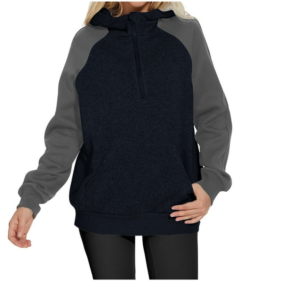 Zip Up Hoodie for Womens Pullover Fashion Plus Size Solid Color Blocked Loose Long Sleeved Hoodie Sweatshirt Long Sleeved-neck Top/shirt