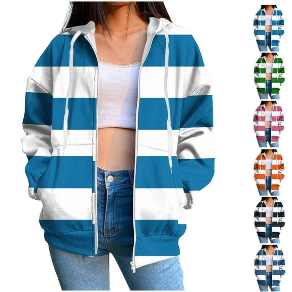 Zip Up Hoodie for Womens Pullover Fashion Plus Size Solid Color Blocked Striped Printed Pocket Zipper Long Sleeved Hooded Sweatshirt Coat Outwear