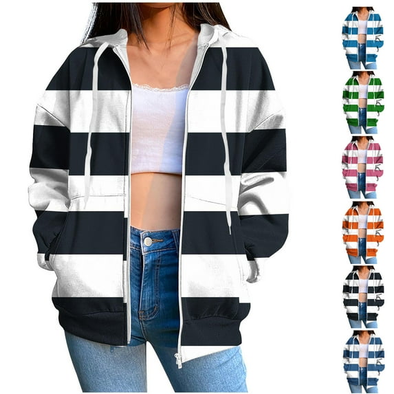 Zip Up Hoodie for Womens Pullover Fashion Plus Size Solid Color Blocked Striped Printed Pocket Zipper Long Sleeved Hooded Sweatshirt Coat Outwear