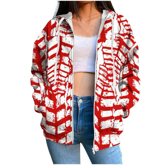 Zip Up Hoodie for Womens Pullover Fashion Plus Size Stripe Pockets Zipper Long Sleeved Regular Top Hooded Sweatshirts Coat Outwear