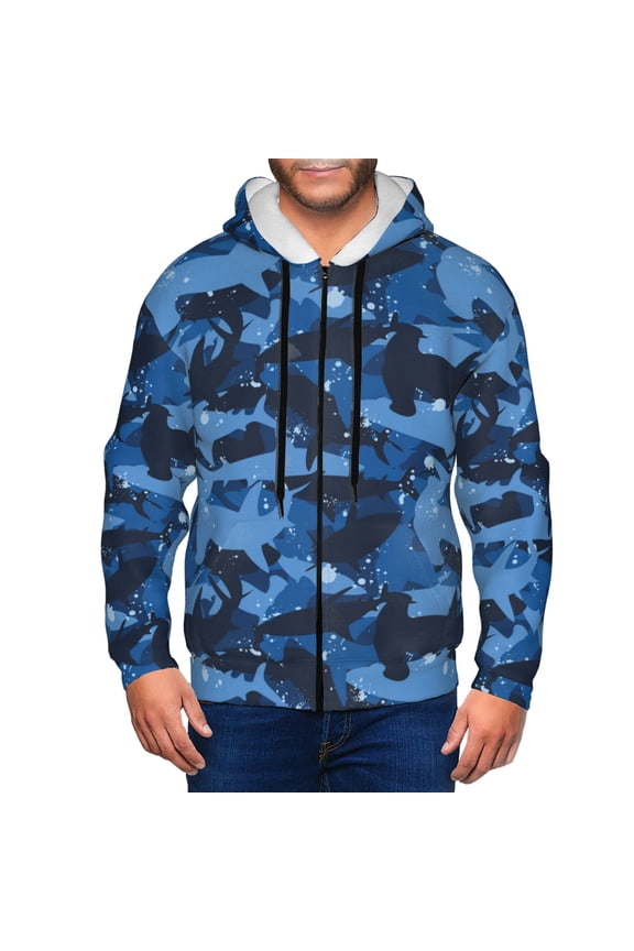 Zip Up Hoodies for Men - Blue camouflage hammerhead shark Long Sleeve Comfrt Men'S Fashion Hoodies & Sweatshirts, Jackets for Men Hoodies Pullover Clothing Clothes with Pouch