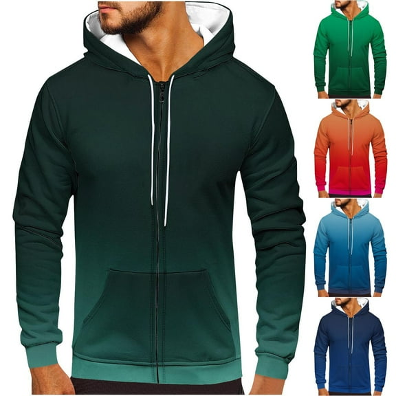 Zip Up Hoodies for Men Casual Jacket Fleece Sweatshirt Drawstring Hoody Top Long Sleeve Sweater Gradient Print Outwear Fashion Full-Zip Hoodie with Pockets Lightweight Sweatshirts Size S-3XL