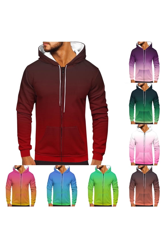 Zip Up Hoodies for Men Casual Jacket Fleece Sweatshirt Drawstring Hoody Top Long Sleeve Sweater Gradient Print Outwear Fashion Full-Zip Hoodie with Pockets Lightweight Sweatshirts Size S-3XL