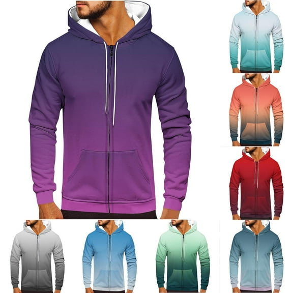 Zip Up Hoodies for Men Casual Jacket Fleece Sweatshirt Drawstring Hoody Top Long Sleeve Sweater Gradient Print Outwear Fashion Full-Zip Hoodie with Pockets Lightweight Sweatshirts Size S-3XL