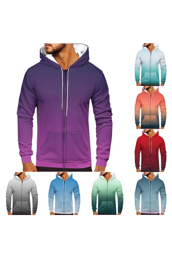 Zip Up Hoodies for Men Casual Jacket Fleece Sweatshirt Drawstring Hoody Top Long Sleeve Sweater Gradient Print Outwear Fashion Full-Zip Hoodie with Pockets Lightweight Sweatshirts Size S-3XL