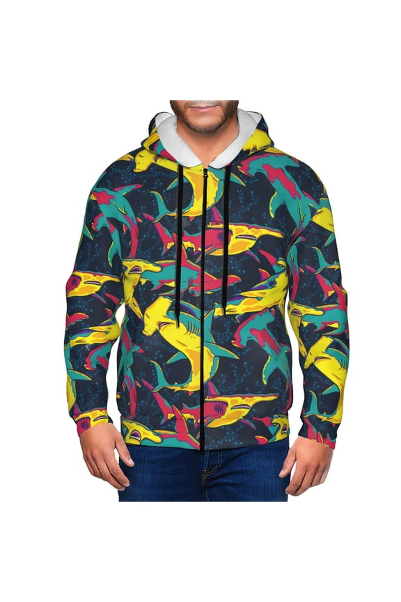 Zip Up Hoodies for Men - Colorful golden hammerhead shark Long Sleeve Comfrt Men'S Fashion Hoodies & Sweatshirts, Jackets for Men Hoodies Pullover Clothing Clothes with Pouch
