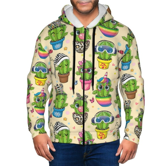 Zip Up Hoodies for Men - Cute Cartoon Cactus Long Sleeve Comfrt Men'S Fashion Hoodies & Sweatshirts, Jackets for Men Hoodies Pullover Clothing Clothes with Pouch