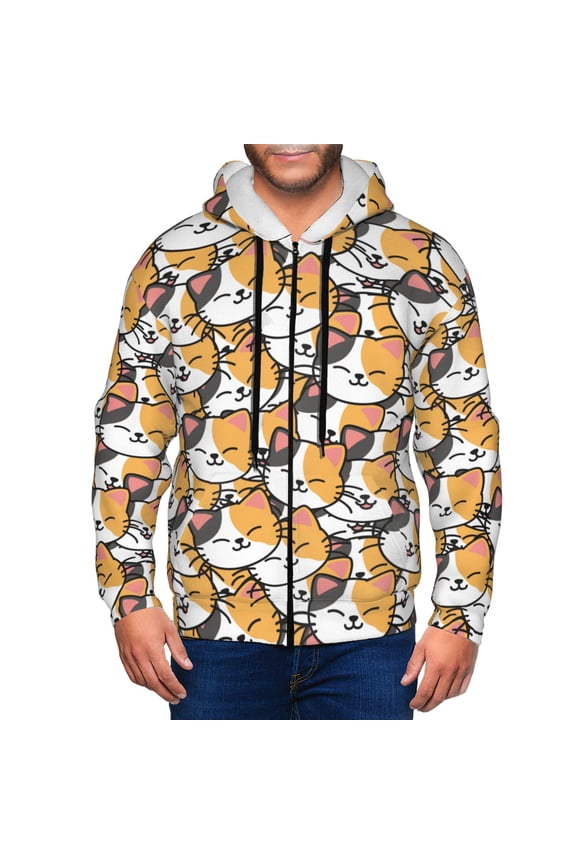 Zip Up Hoodies for Men - Cute Cartoon Smiling Cat Face Long Sleeve Comfrt Men'S Fashion Hoodies & Sweatshirts, Jackets for Men Hoodies Pullover Clothing Clothes with Pouch