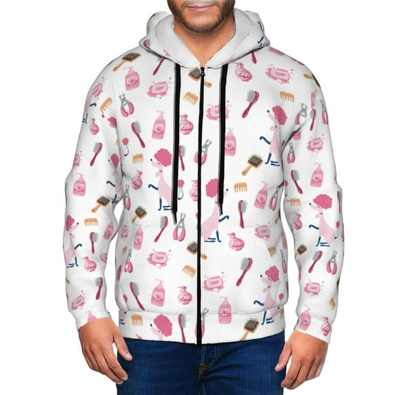 Zip Up Hoodies for Men - Cute Poodle Dog Care Items Pink Long Sleeve Comfrt Men'S Fashion Hoodies & Sweatshirts, Jackets for Men Hoodies Pullover Clothing Clothes with Pouch