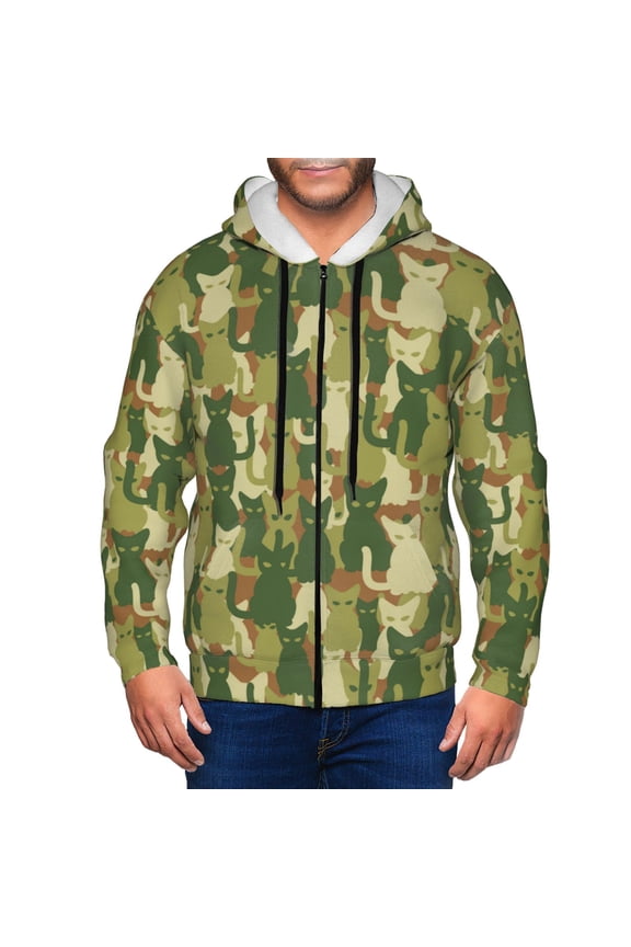 Zip Up Hoodies for Men - Green Cat Camouflage Long Sleeve Comfrt Men'S Fashion Hoodies & Sweatshirts, Jackets for Men Hoodies Pullover Clothing Clothes with Pouch
