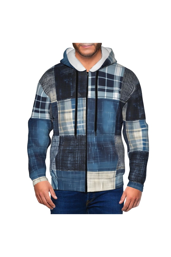 Zip Up Hoodies for Men - Indigo Patchwork Quilt Long Sleeve Comfrt Men'S Fashion Hoodies & Sweatshirts, Jackets for Men Hoodies Pullover Clothing Clothes with Pouch